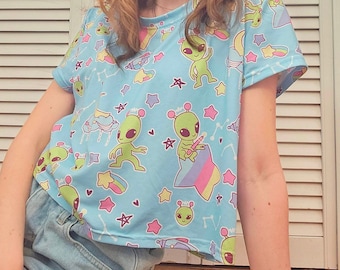 Pastel Alien Cropped Tee with Rainbows and Stars on Light Blue, Kawaii Fairy Kei Yume Kawaii, Unisex, XS-3XL