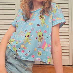 Pastel Alien Cropped Tee with Rainbows and Stars on Light Blue, Kawaii Fairy Kei Yume Kawaii, Unisex, XS-3XL