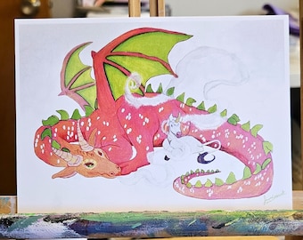 Mini-affiche « Dragon Fruité » 18 x 13 cm sur papier cartonné léger - technique mixte avec un dragon et une licorne blanche, décoration murale fantaisie.