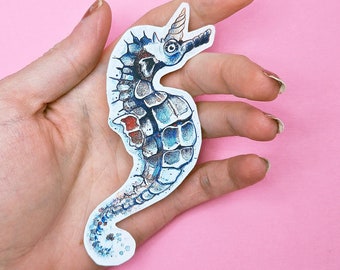 Unicorn Seahorse Sticker 4 inch - hand cut waterproof vinyl original watercolor art sticker
