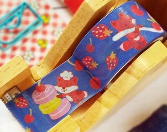 Bakery Foxes Washi Tape - Blue Kawaii Foxes with Cherries and Strawberries, Semi-Opaque Stationery Tape for Journals and Planners