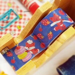 Bakery Foxes Washi Tape - Blue Kawaii Foxes with Cherries and Strawberries, Semi-Opaque Stationery Tape for Journals and Planners