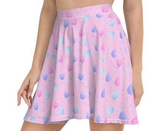 Pink Fairy Kei Skirt, Kawaii Jfashion A Line Skater Skirt Featuring Hearts Stars and Confetti, XS-3XL