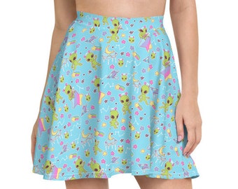 Blue Alien Skirt, 3/4ths Circle Skater Skirt with Kawaii UFOs on Light Blue, Yumekawaii - XS-3XL