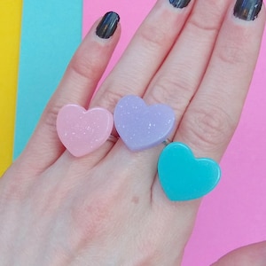 Kawaii Heart Ring, Fairy Kei Teal Ring with Adjustable Split Ring, Harajuku Decora Jewelry