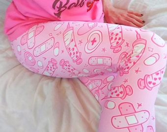 Pink Menhera Tights featuring Yami Kawaii Pills Bandages Syringes, Kawaii Clothing and Fashion, XS-XL