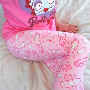 Pink Menhera Tights featuring Yami Kawaii Pills Bandages Syringes, Kawaii Clothing and Fashion, XS-XL