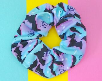 Pastel Goth Scrunchie with Bats and Moons on Pastel Purple and Blue Stripes with Pink Accents, Soft Grunge