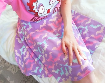 Pastel Bats Skater Skirt, Kawaii Skirt Featuring Rainbow Bats on Pastel Purple, Pastel Goth Clothes, Halloween
