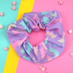 Pastelgoth Bat Scrunchie with Pastel Purple and Soft Rainbow Bats, Soft Grunge