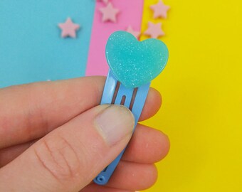 Blue Heart Snap Hair Clip, Kawaii Glitter Harajuku Decora Heart on Blue Clip Base