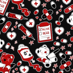 May include: A black background with a repeating pattern of red and white medical themed illustrations. The illustrations include teddy bears with stitches, bandages, hearts, pills, syringes, blood bags, and a clipboard with the words "Alive" and "Dead" on it.