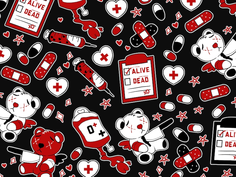 May include: A black background with a repeating pattern of red and white medical themed illustrations. The illustrations include teddy bears with stitches, bandages, hearts, pills, syringes, blood bags, and a clipboard with the words "Alive" and "Dead" on it.