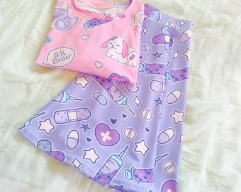 Purple Needle Menhera Skirt, Yami Kawaii Fashion featuring pills, syringes, bandages and hearts, XS-2XL