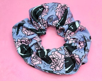 Pastel Goth Scrunchie with Coffins and Flowers, Pastel Purple with Pink Accents, Soft Grunge