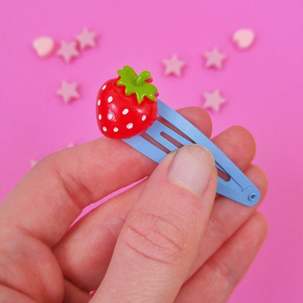 Cute Strawberry Hair Clip, Pastel Kawaii Ichigo Strawberry Fairy Kei Barrette, Blue Snap Clip