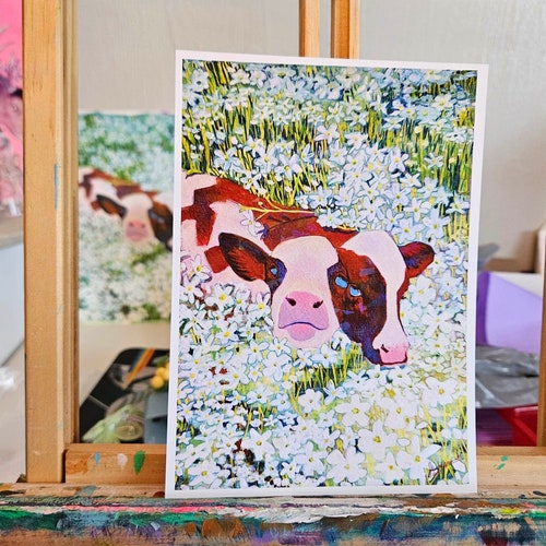 Two Headed Calf mini print, 7x5 inches highly glossy light cardstock gouache cow wall art