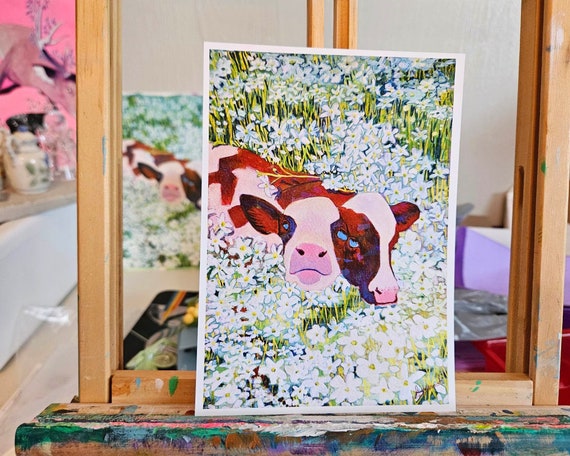 Two Headed Calf mini print, 7x5 inches highly glossy light cardstock gouache cow wall art