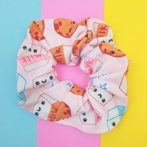 Kawaii Milk and Cookies Scrunchies, Pink or Blue Cute Kawaii Food Hair Accessories