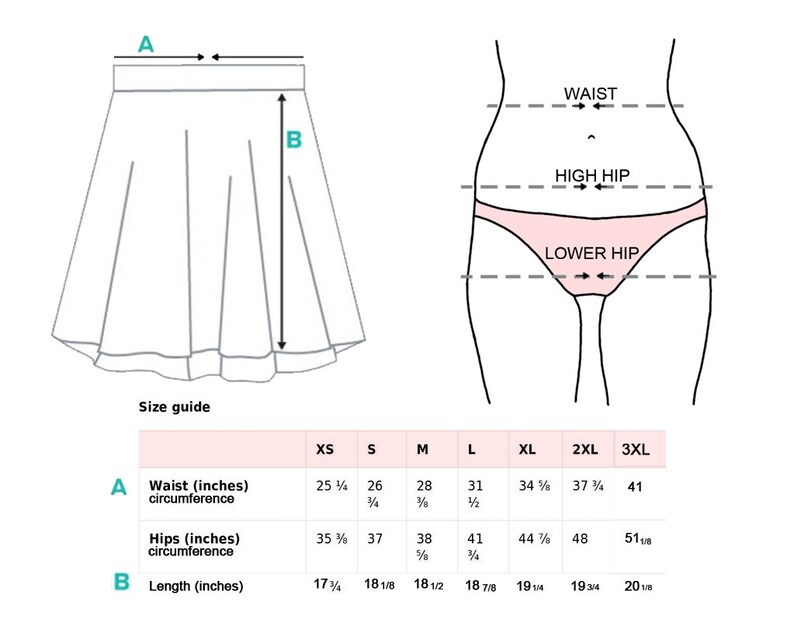May include: A size guide for a skirt with measurements for waist, hips, and length in inches. The chart shows sizes from XS to 3XL.
