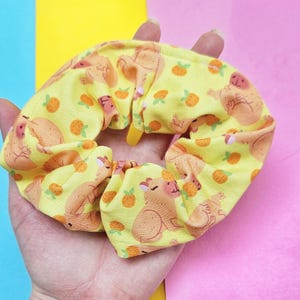 Green Capybara Scrunchie with Yuzu, Cute Animal Scrunchie, Hair Ties, Kawaii Cottagecore