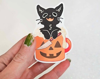 Black Cat Cappuccino Sticker 2.75 inch - hand cut waterproof vinyl original halloween art sticker for planners