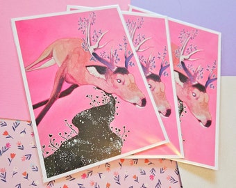 Pink Deer mini print, 7x5 inches matte finish light cardstock mixed media natural curiosities wall art