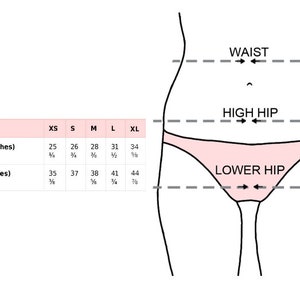 May include: A size guide for underwear, featuring a diagram of a person's lower body with measurement lines for waist, high hip, and lower hip. The guide includes waist and hip measurements in inches for sizes XS to XL.