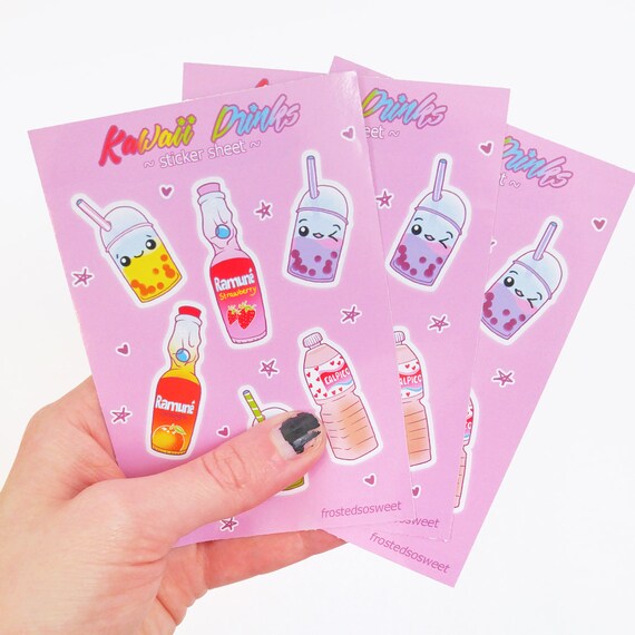 Kawaii Drinks Stickers, Boba Tea, Ramune, Calpico (4x3 inch Sheet)