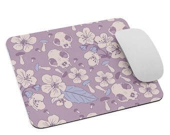 Goth Cottagegore Mouse Pad with Lavender Skulls, Mushrooms, and Flowers, Nature Lover