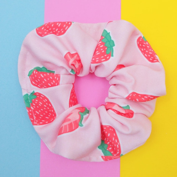 Pink Strawberry Scrunchie, Cute Cottagecore Design Hair Accessories for Women and Girls