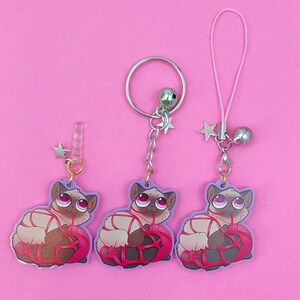 May include: Three pink and white cat charms with pink string and silver star charms. Each charm is attached to a silver chain with a silver ring.