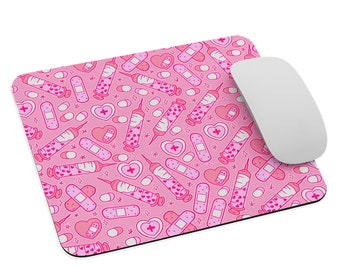 Pink Menhera Mouse Pad with Syringes and Medicine on Hot Pink, Yamikawaii Tech