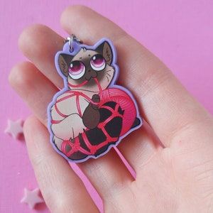May include: A purple cat charm with pink eyes and red yarn tied around it. The cat is holding the yarn in its paws.