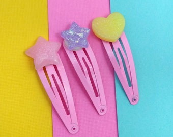 Kawaii Hair Clips, Yellow Purple and Pink Set Star and Heart Mix and Match Hair Clips, Kawaii Fairy Kei, Set of 3