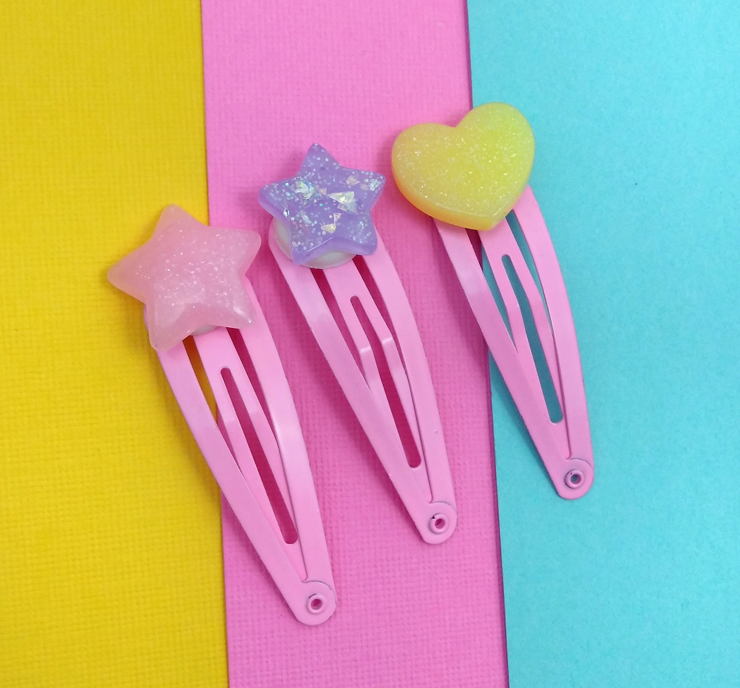 Kawaii Hair Clips Yellow Purple and Pink Set Star and Heart Etsy