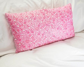 Pink Menhera Zippered Pillow Case, Decorative Lumbar Pillowcase with needles, syringes, and bandages 20x12