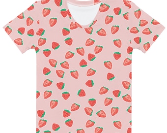 Kawaii Strawberry Shirt, Pastel Pink Crew Neck T-Shirt with All-Over Strawberry Print, XS-2XL, Full-Length