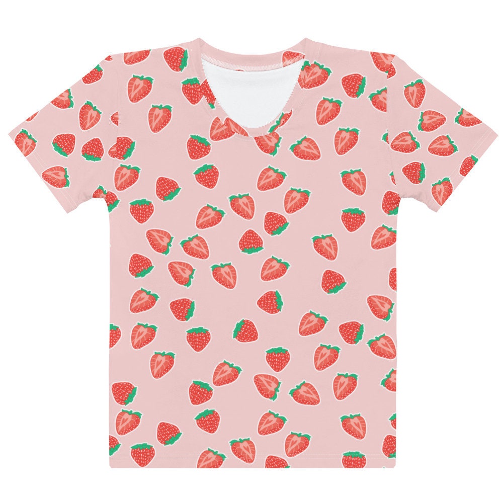 Kawaii Strawberry Shirt, Pastel Pink Crew Neck T-shirt With