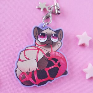 May include: A pink and white cat charm with pink yarn, tied around its body and paws, with large pink eyes. The charm is attached to a silver chain with a star charm.