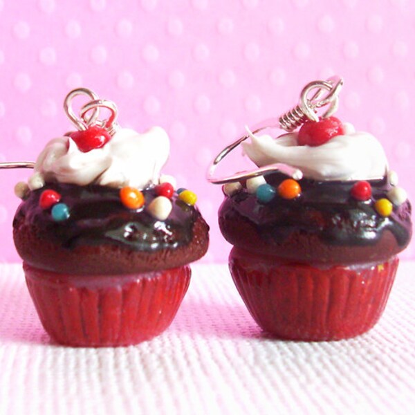 Cupcake Earrings, Kawaii Cute Polymer Clay Fake Food Jewelry, for Girls, Choco-Chocolate Cherry with Whipped Cream, Cute Charm, Red, Kids