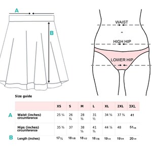 Pode incluir: Um guia de tamanhos para uma saia com medidas de cintura, quadris e comprimento em polegadas. A tabela mostra os tamanhos do XS ao 3XL.