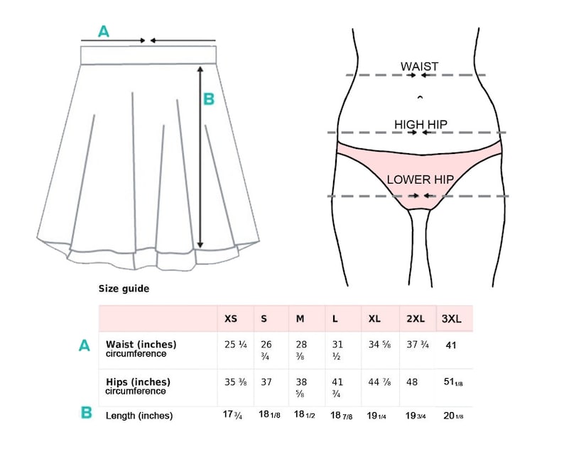 Pode incluir: Um guia de tamanhos para uma saia com medidas de cintura, quadris e comprimento em polegadas. A tabela mostra os tamanhos do XS ao 3XL.