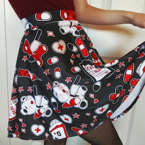 Dark Menhera Skater Skirt - Black Red and White Yami Kawaii Guro Art with Teddy Bears, Needles, Blood Bag