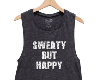 Workout Tank Top, Sweaty but Happy, Womens Muscle Tank, Muscle Tee, Gym, Yoga Top, Fitness, Summer, Black Shirt, Funny Shirt