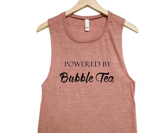 Workout Tank Top, Powered by Bubble Tea, Womens Muscle Tank, Muscle Tee, Gym, Yoga Top, Fitness, Summer, Black Shirt, Funny Shirt