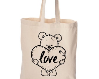 Teddy Bear tote bag, cute bag, grocery bag, reusable bag, market bag, cotton bag, beach bag, Valentine's Day gift, Birthday gift
