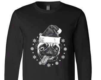 Christmas Shirt, Pug Long Sleeve Tshirt, Santa Shirt, Christmas Gift, Christmas Tshirt, Funny Shirt, Holiday Gift, Graphic Tee
