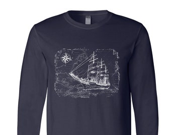 Sailing Ship Shirt, Sailing Long Sleeve Tshirt, Star Shirt, Fathers Day Gift, Christmas Tshirt, Funny Shirt, Birthday Gift, Mens Tshirt