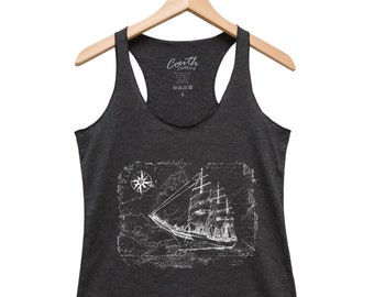 Womens Tank Top, Sailing Ship Tank Top, Screen Print, Graphic Tee, Beach Tank Top, Women Fashion, Blue Tank Top, White Tank Top